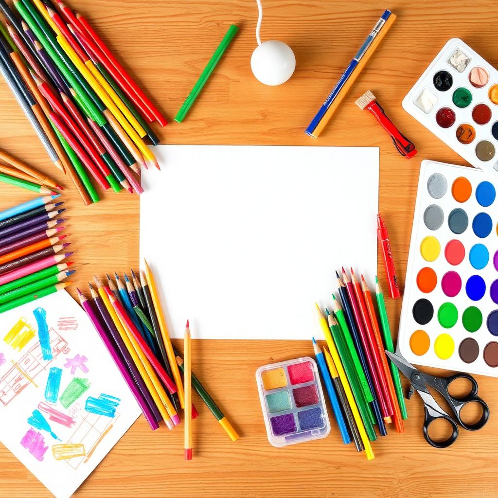 Materiais de arte coloridos sobre a mesa em atividade da Escola Recanto