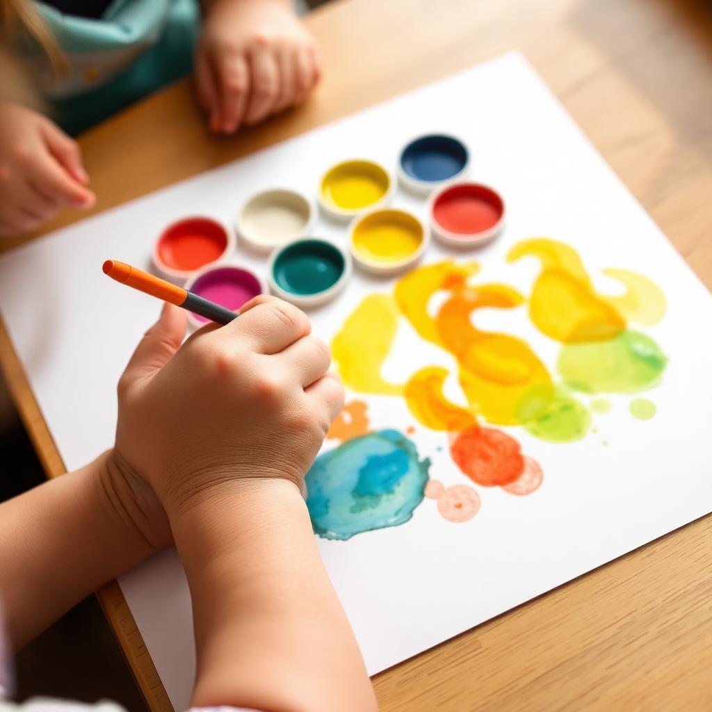 Mãos pintando com aquarela em atividade artística